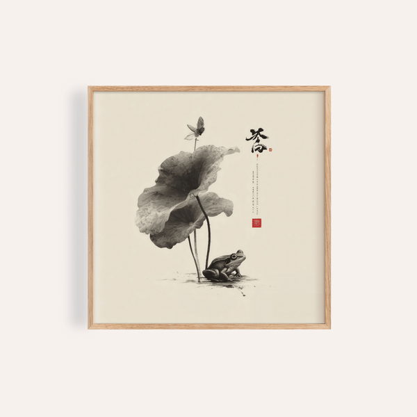 Japanese Frog Art print for living room, gray and white tones, wall art