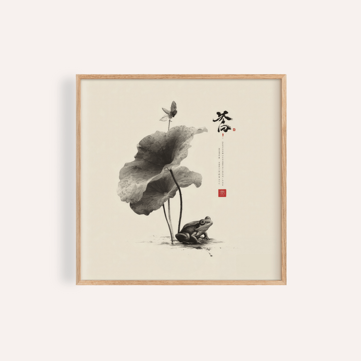 Japanese Frog Art print for living room, gray and white tones, wall art
