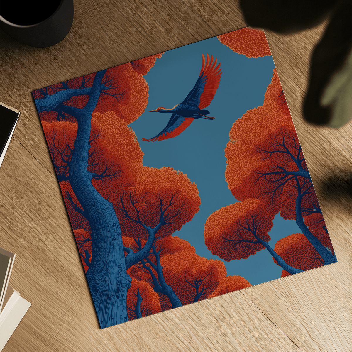Fyling Bird Wall Decor poster with blue background and red trees for bedroom