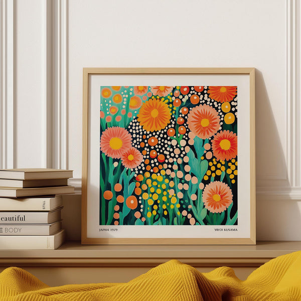 Colorful Flower Art print with red, coral, and yellow blooms in Japanese art style.
