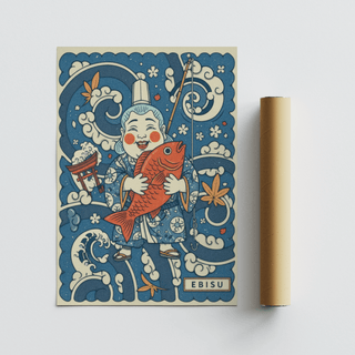 Side perspective of Japanese Ebisu Wall Art print on wall showing paper texture