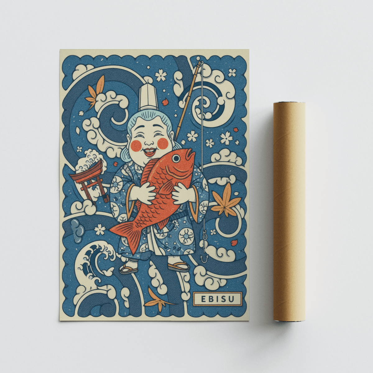 Side perspective of Japanese Ebisu Wall Art print on wall showing paper texture