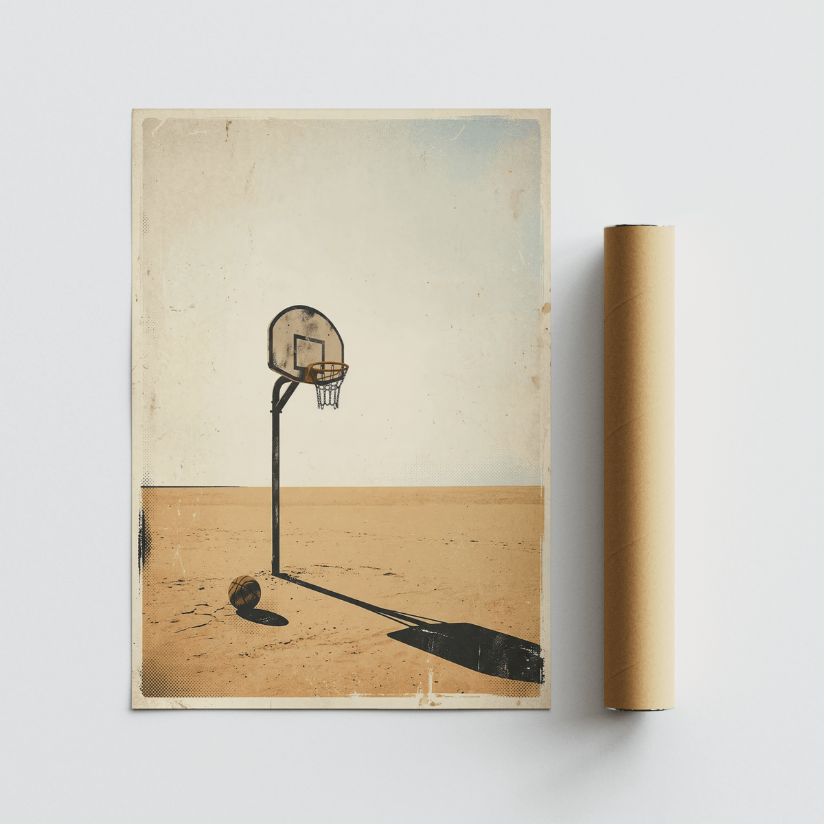 Quiet court scene rendered in muted beige and orange tones