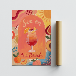 Painterly cocktail wall art print with peach wedge garnish and fruit shapes around edges