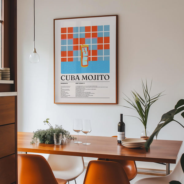 Recipe wall art of Cuban Mojito cocktail with bright retro pattern.