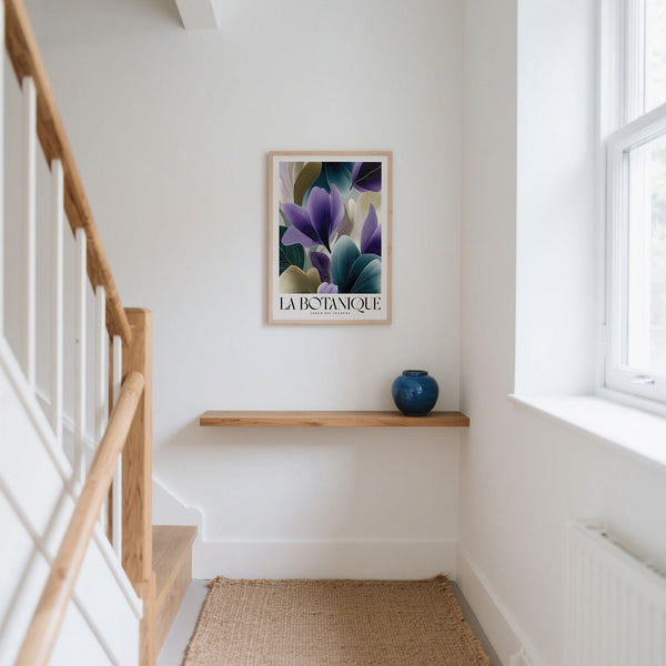 Plant poster with bold purple accents and soft neutral tones