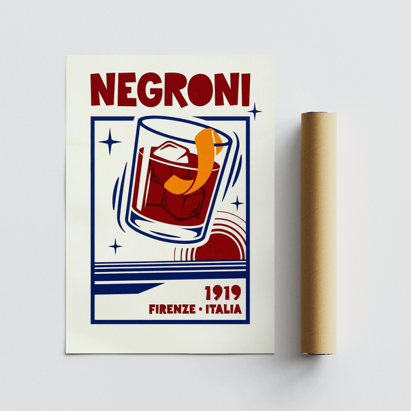 Dining room wall art Negroni Cocktail Print highlighting Red and Blue