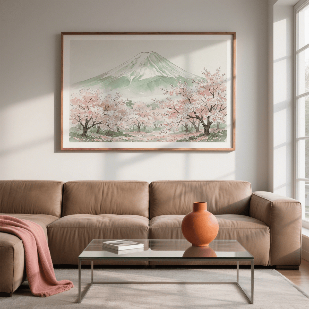 Close view of Mount Fuji Print highlighting brush texture on sakura petals