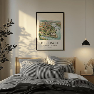 Belgrade City Art Print with panoramic river view, boats, and rooftops