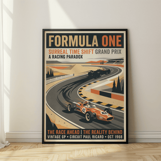 Close-up Surreal Racing Poster print with “FORMULA ONE” typography and circuit illustration in Orange and Beige
