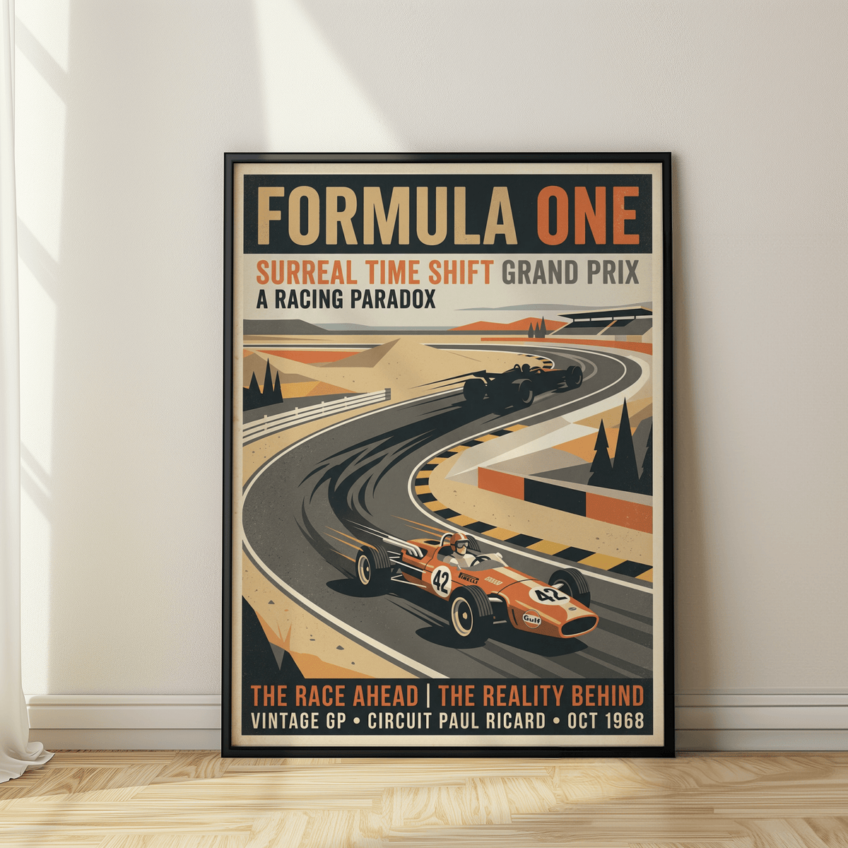 Close-up Surreal Racing Poster print with “FORMULA ONE” typography and circuit illustration in Orange and Beige