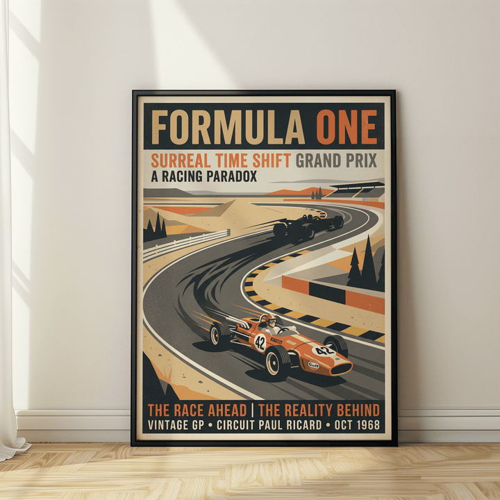 Close-up Surreal Racing Poster print showing stylized headline and race cars in orange and beige tones