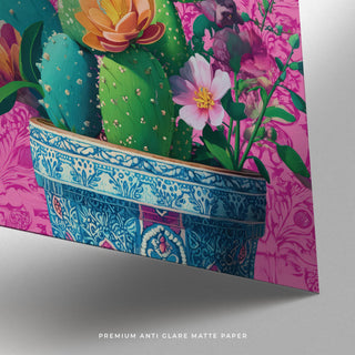 Vibrant heart shaped cactus design with hummingbird and blooming detail
