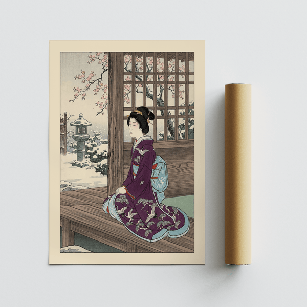Traditional geisha wall art inspired by shin-hanga style on wooden veranda