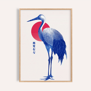 Blue Crane Art framed print close-up of a detailed blue crane illustration with a red circle background
