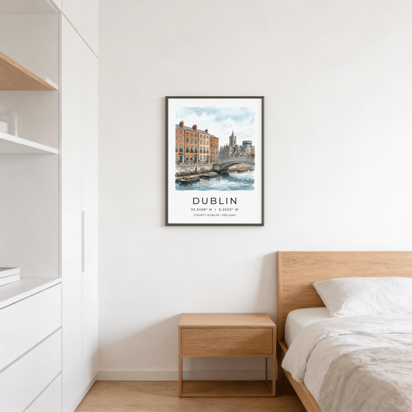 Cityscape illustration print of Dublin with townhouses, bridge, and river scene