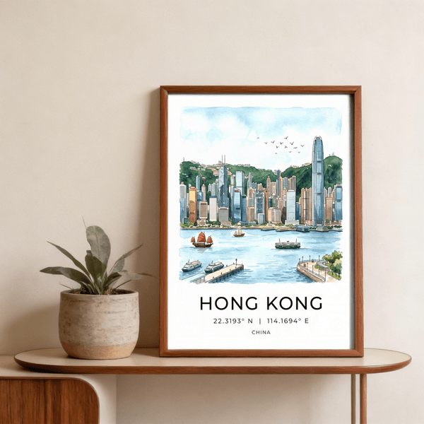 Detailed Hong Kong skyline poster print showing towers across the harbor and small boats