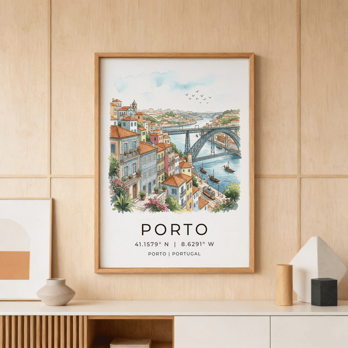 Close-up wall art print of Porto cityscape with arched steel bridge over the river and small boats