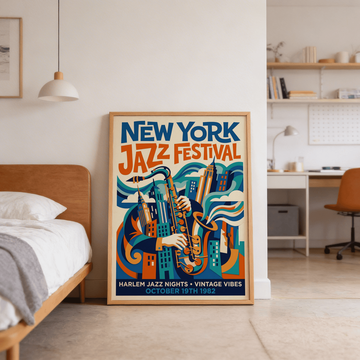 Retro festival wall art print with central saxophone and geometric city buildings