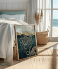 Modern Octopus Wall Art with blue and gold, stylish hallway poster