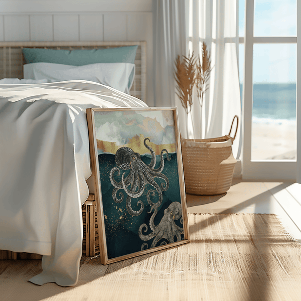 Modern Octopus Wall Art with blue and gold, stylish hallway poster
