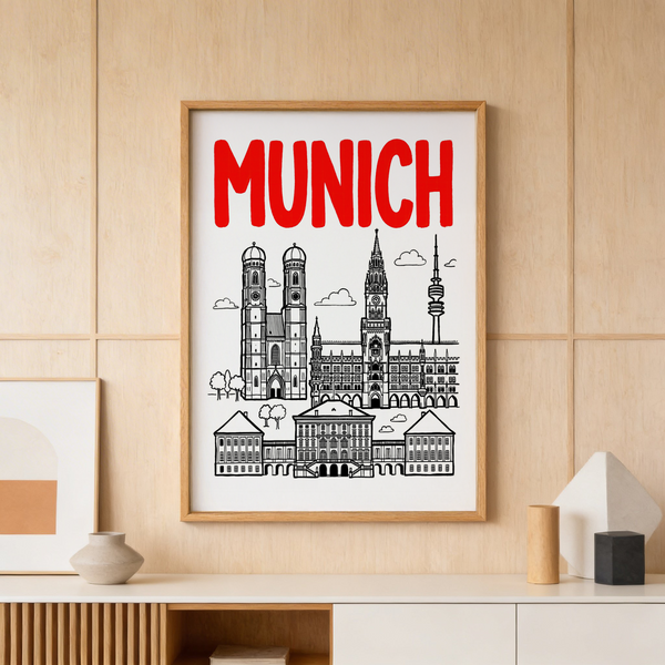 Black line illustration of Munich skyline on white background print