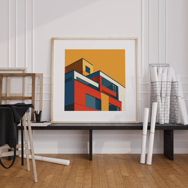 Framed wall art for the office with mustard and red blocks