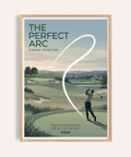 Poster of golfer swinging with glowing ball arc over fairway and bunkers, Golf Course Wall Art