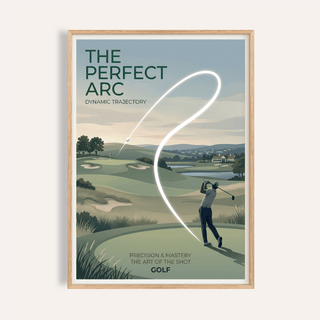 Poster of golfer swinging with glowing ball arc over fairway and bunkers, Golf Course Wall Art
