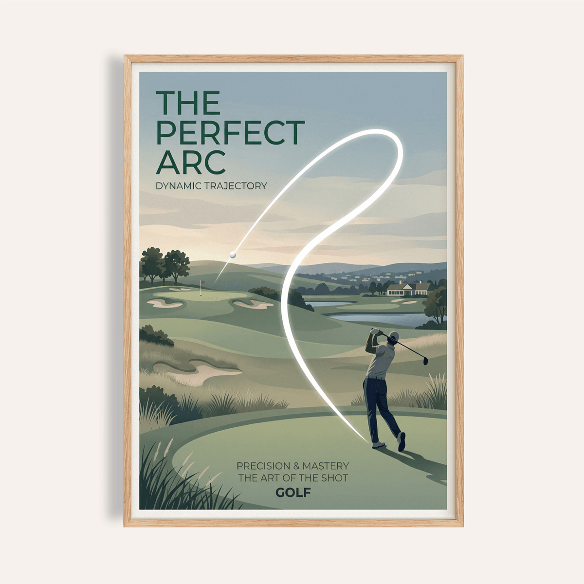 Poster of golfer swinging with glowing ball arc over fairway and bunkers, Golf Course Wall Art