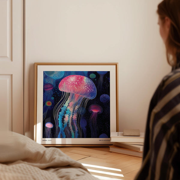 Abstract ocean-inspired wall art jellyfish in Yayoi Kusama dotted style