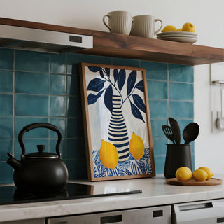 Vibrant lemon art with painterly textures and decorative blue table elements.