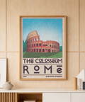 Illustrated Colosseum wall art poster with blue sky background and bold typography