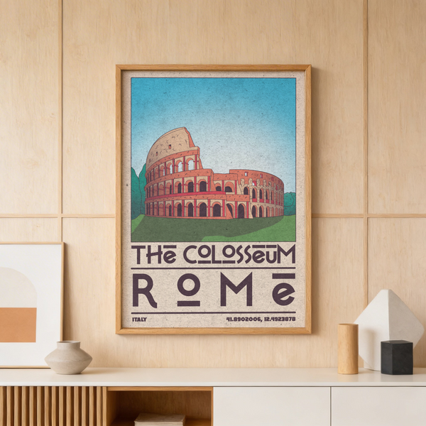 Illustrated Colosseum wall art poster with blue sky background and bold typography