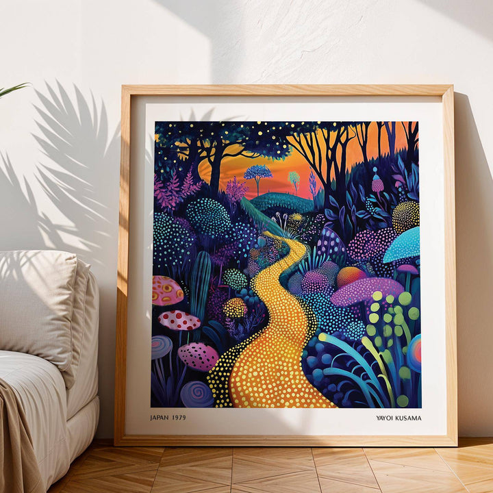Framed print of Polka Dot Pop Art with a golden forest path and colourful plants near a sofa