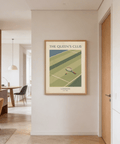 Top-down tennis court poster print with diagonal shadow bands and racket detail