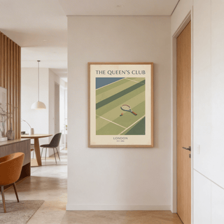 Top-down tennis court poster print with diagonal shadow bands and racket detail
