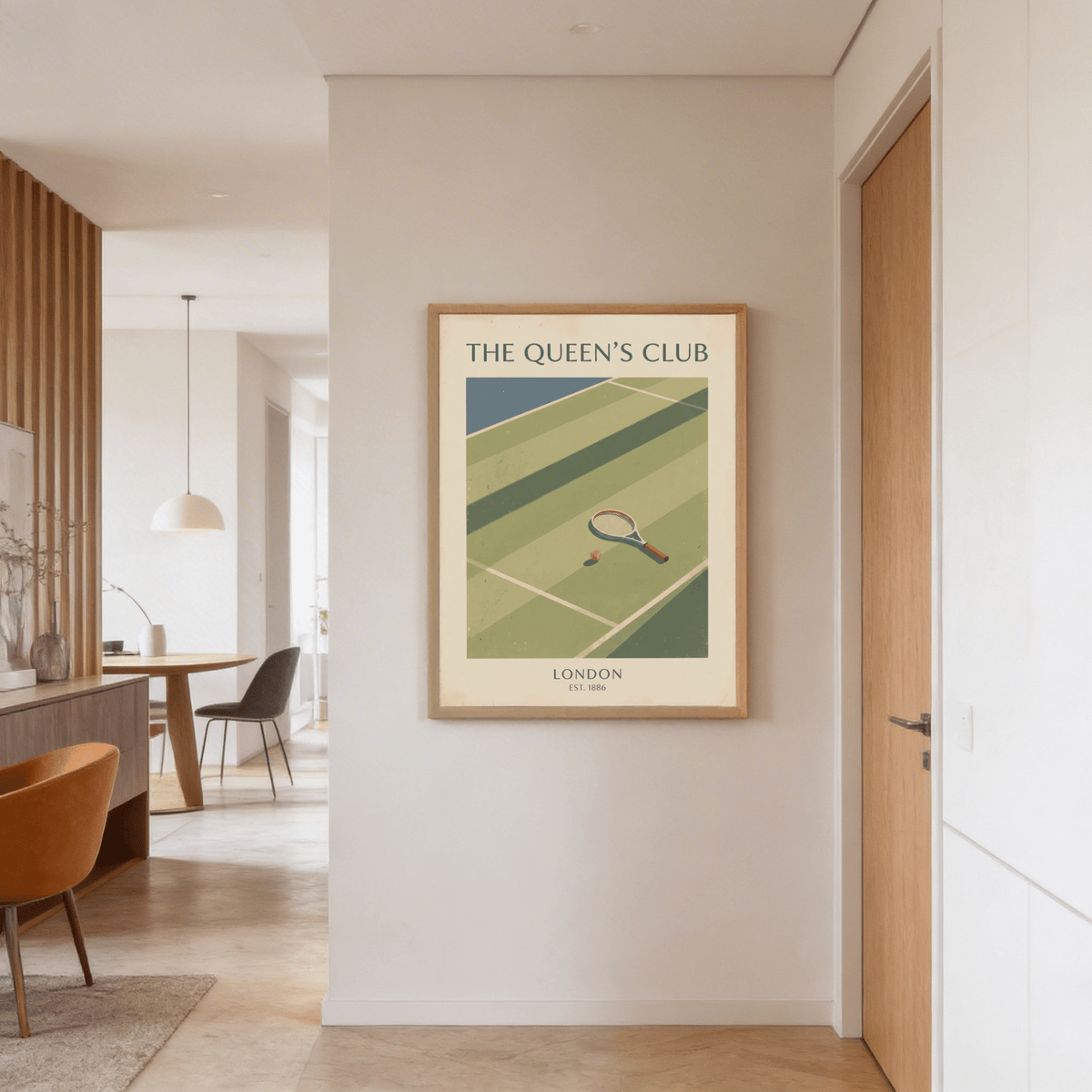 Top-down tennis court poster print with diagonal shadow bands and racket detail