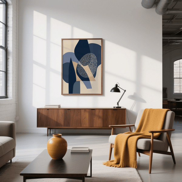 Blue Abstract Print pastel poster, Blue, Beige, White, Brown for home office