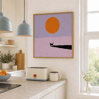 Centered sun circle over small cat silhouette wall art print with long black shadow and wide negative space
