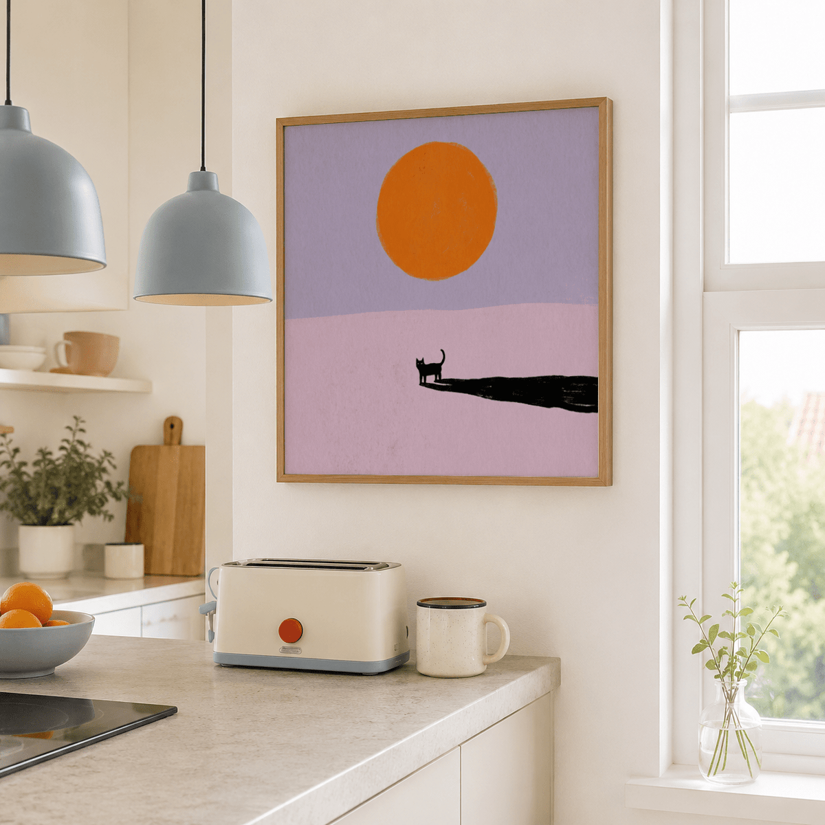 Centered sun circle over small cat silhouette wall art print with long black shadow and wide negative space