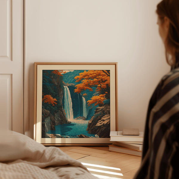 Hasui Kawase waterfall Wall Art leaning on console table next to bonsai