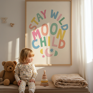 Cut-paper style Moon Child Wall Art with multicolored letters and simple celestial icons