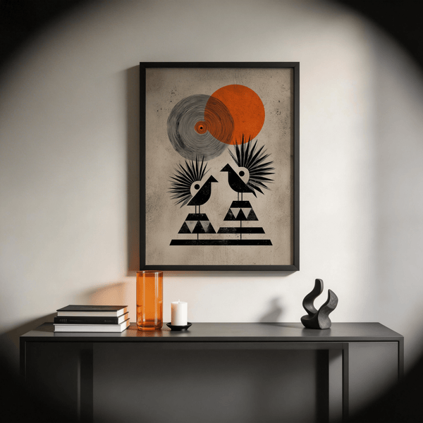 Side angle of Modern Tribal Poster framed above sofa in living room