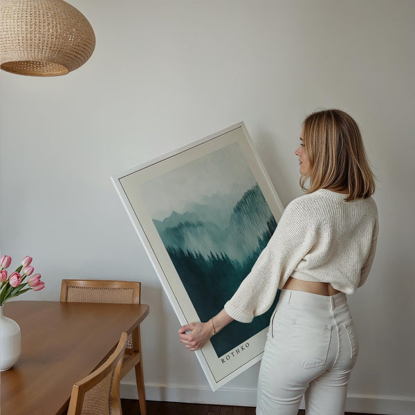 Rothko-style mountain wall art featuring foggy alpine slopes.