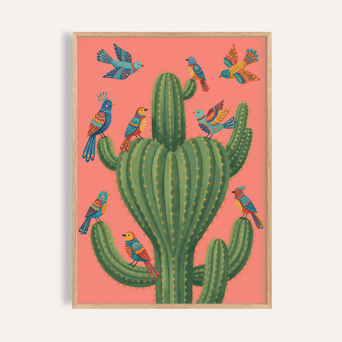 Colorful Bird Cactus Art with pink and green for bedroom wall art print