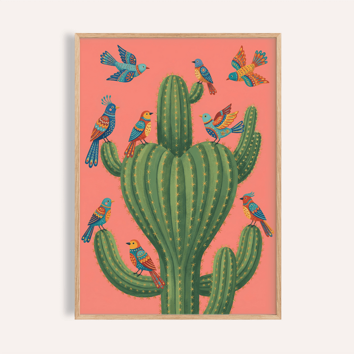 Colorful Bird Cactus Art with pink and green for bedroom wall art print