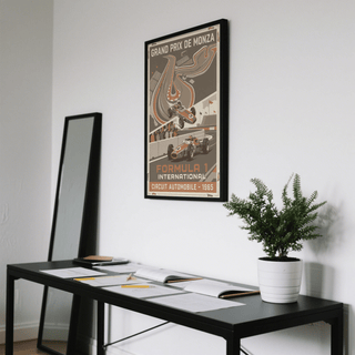 Detail view of classic racing poster print with number 14 single-seater car and simplified grandstand blocks