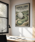 Playful course scene wall art print featuring tiny golfers near a curving green and a giant ball