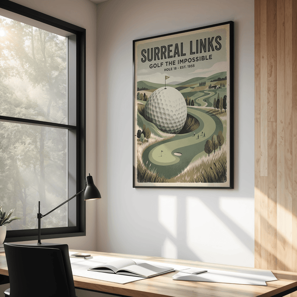 Playful course scene wall art print featuring tiny golfers near a curving green and a giant ball